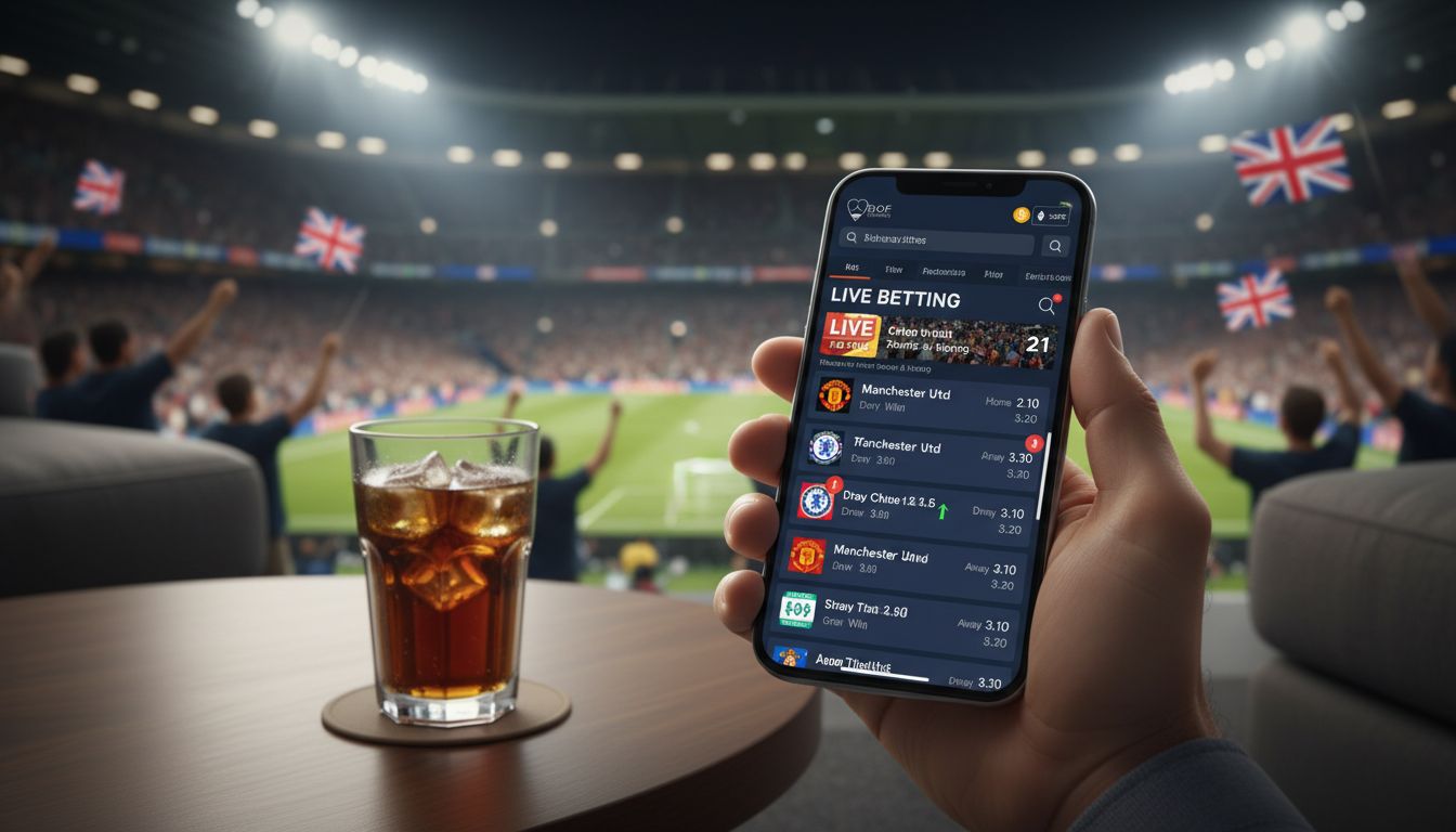 UK mobile betting screen with live odds, stadium atmosphere and crypto wallet icons