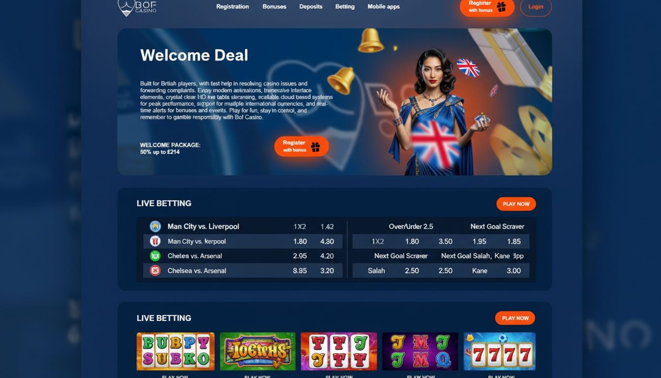  A vibrant casino screen with UK flag, welcome bonus info, betting odds and casino imagery. 