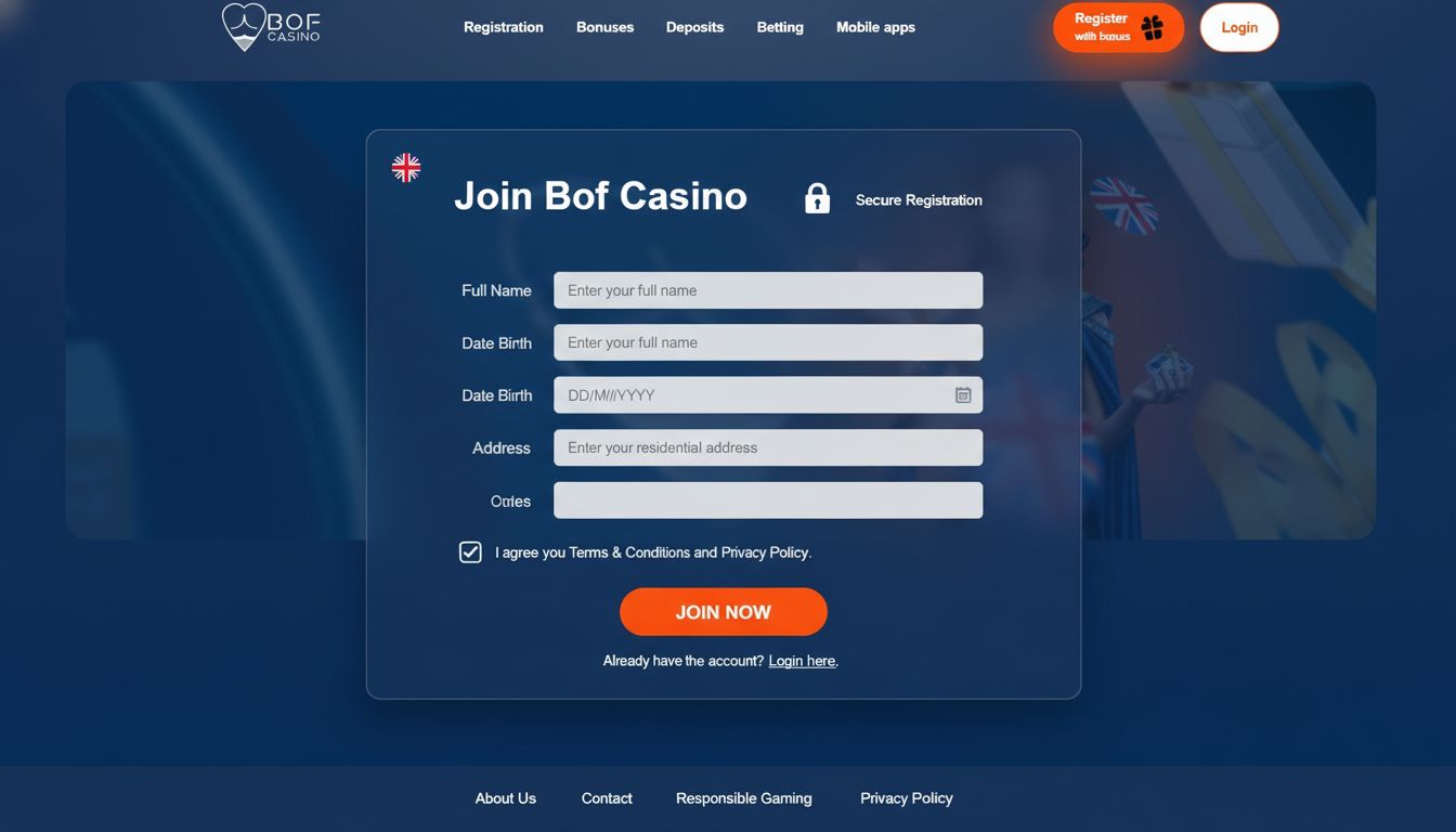 Registration form on Bof Casino site showing secure fields and UK context.