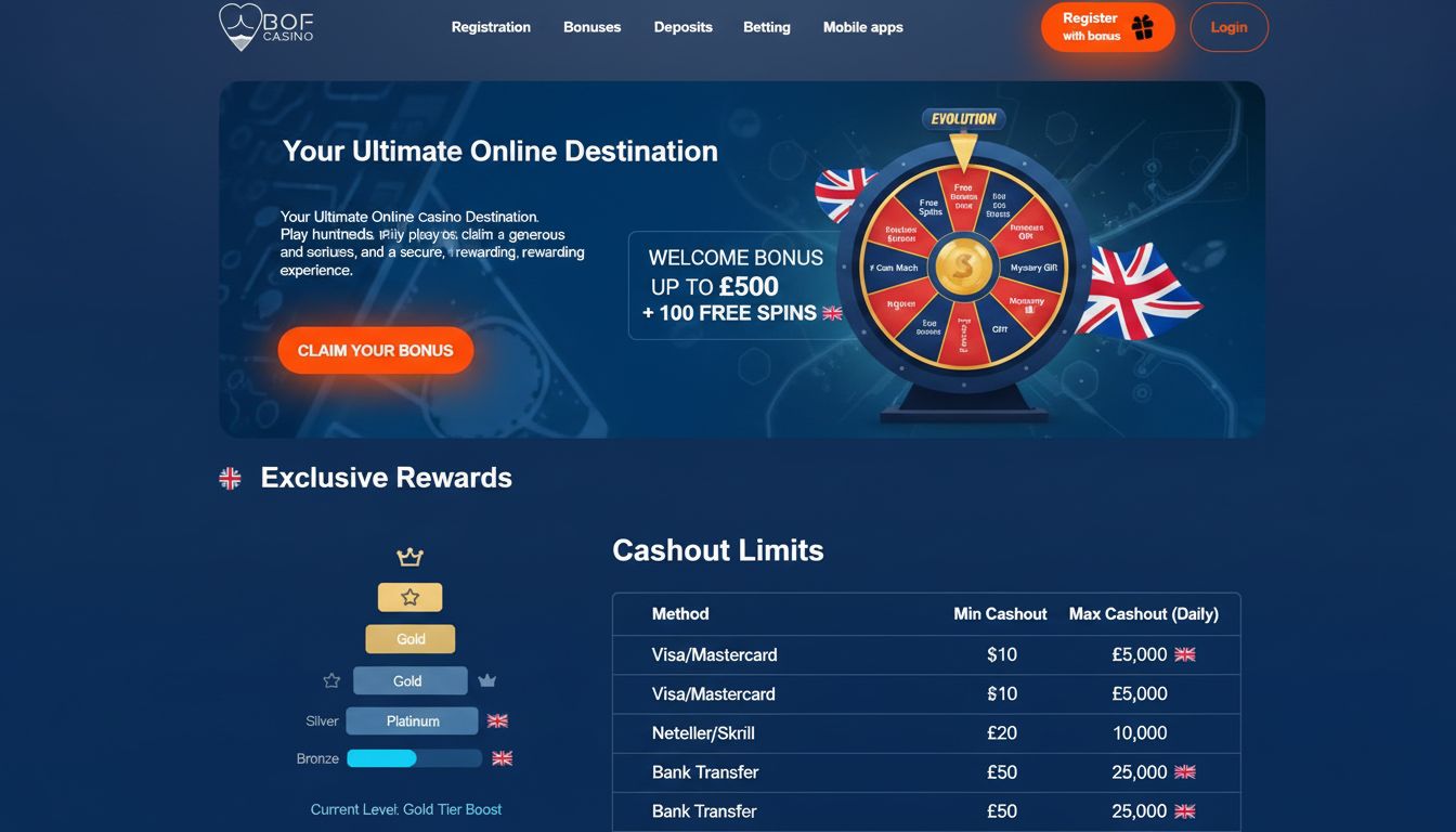 Bonus wheel, welcome bonus text, progress ladder, UK flag