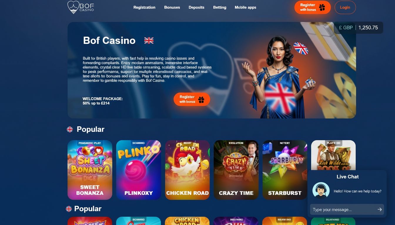 Live chat box, English UI, GBP balance, UK flag