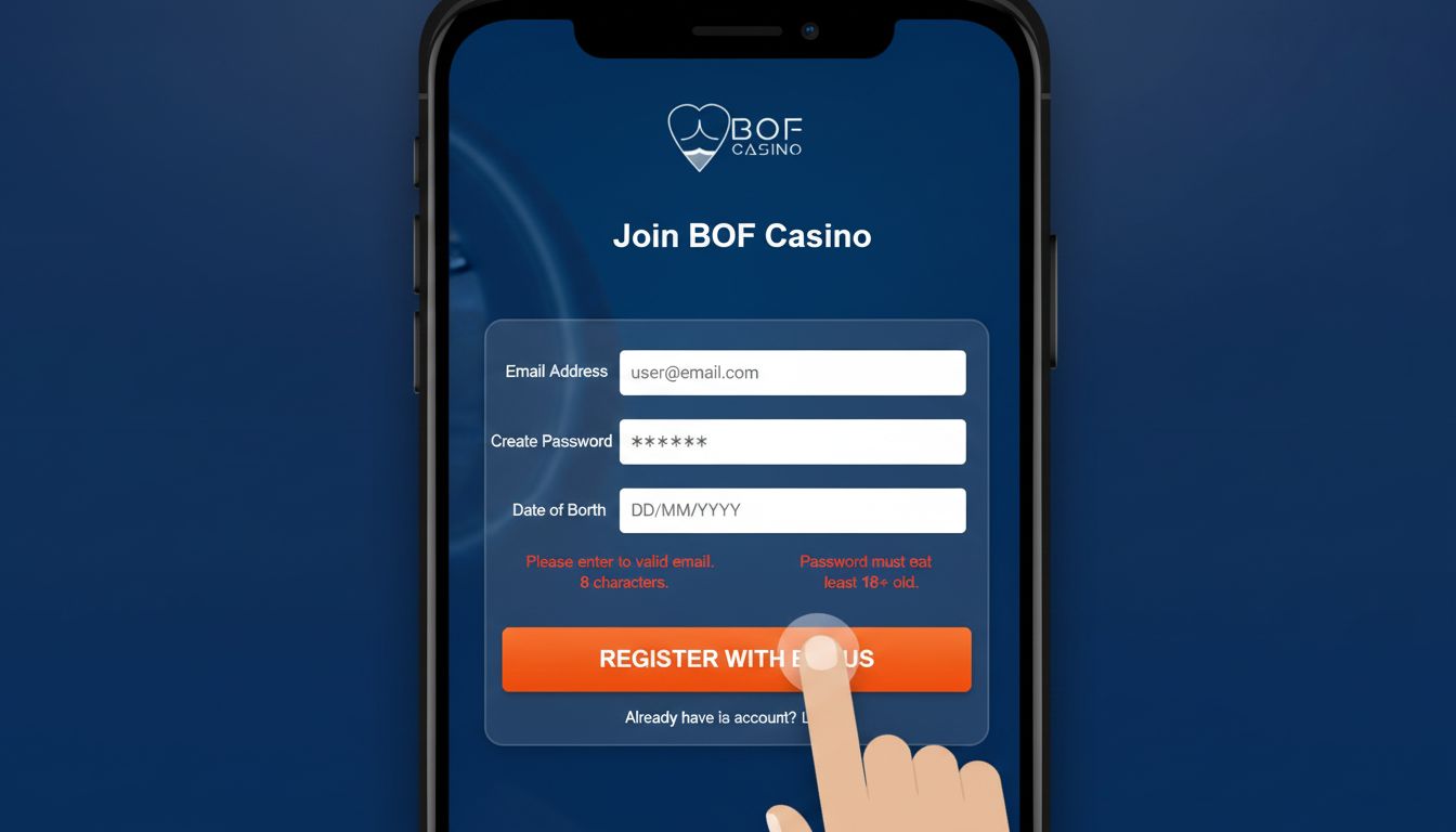 Mobile sign-up form, large buttons, English labels, user tapping